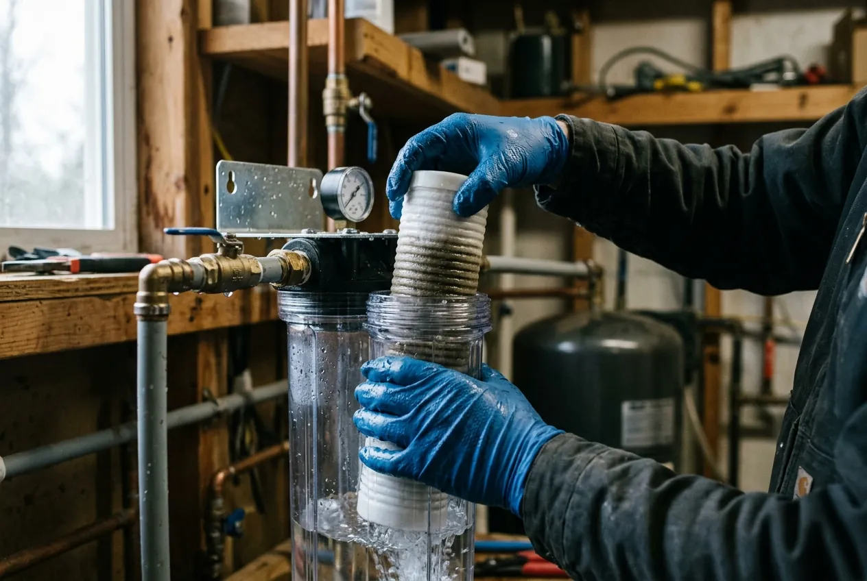 Technician replacing a sediment filter cartridge in a whole-home water filtration housing