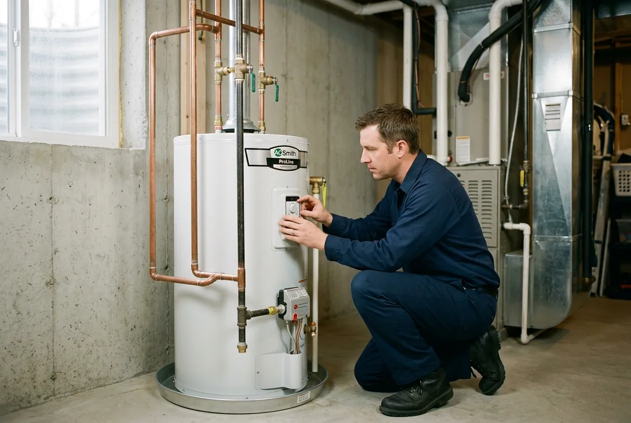 Heidler plumber performing annual maintenance on a residential water heater in Annapolis