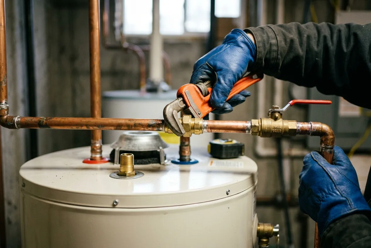 Plumber checking connections and the pressure relief valve during a water heater service