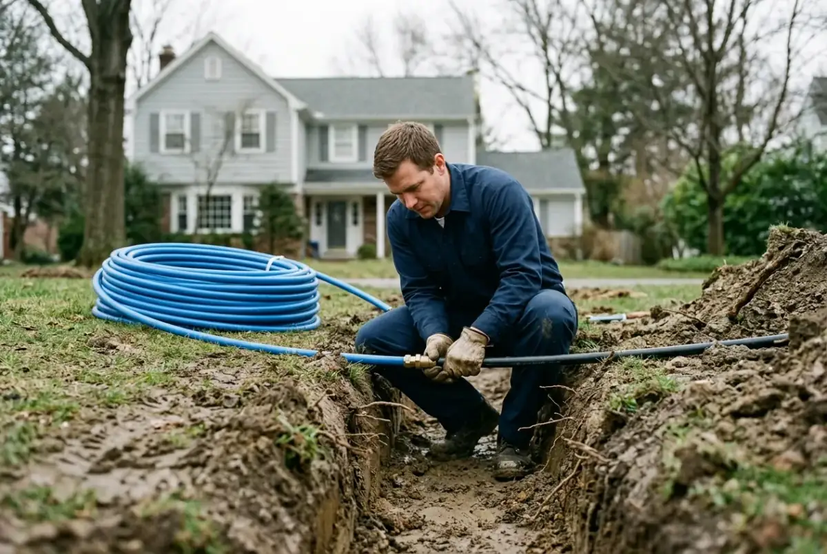 Heidler technician in a narrow trench installing a new water service line in an Annapolis front yard