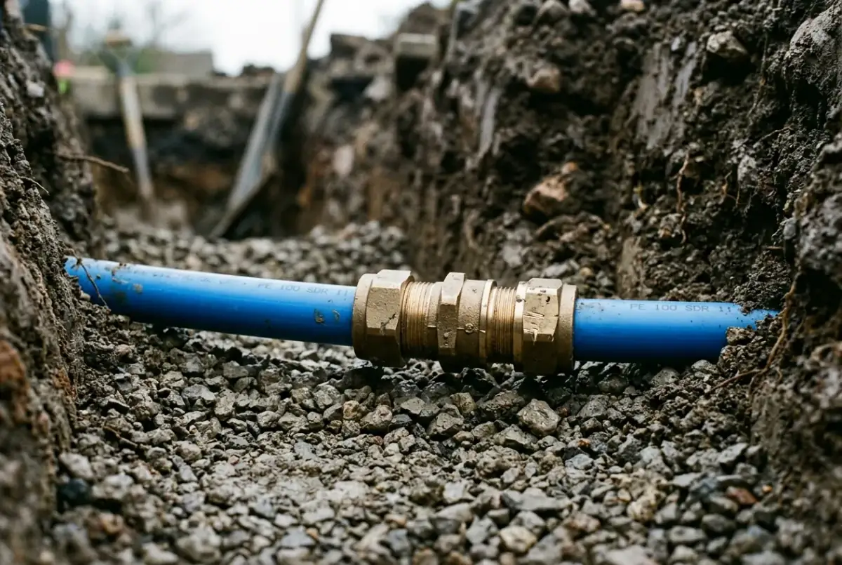 New blue polyethylene water service line laid in a trench with a brass connection fitting