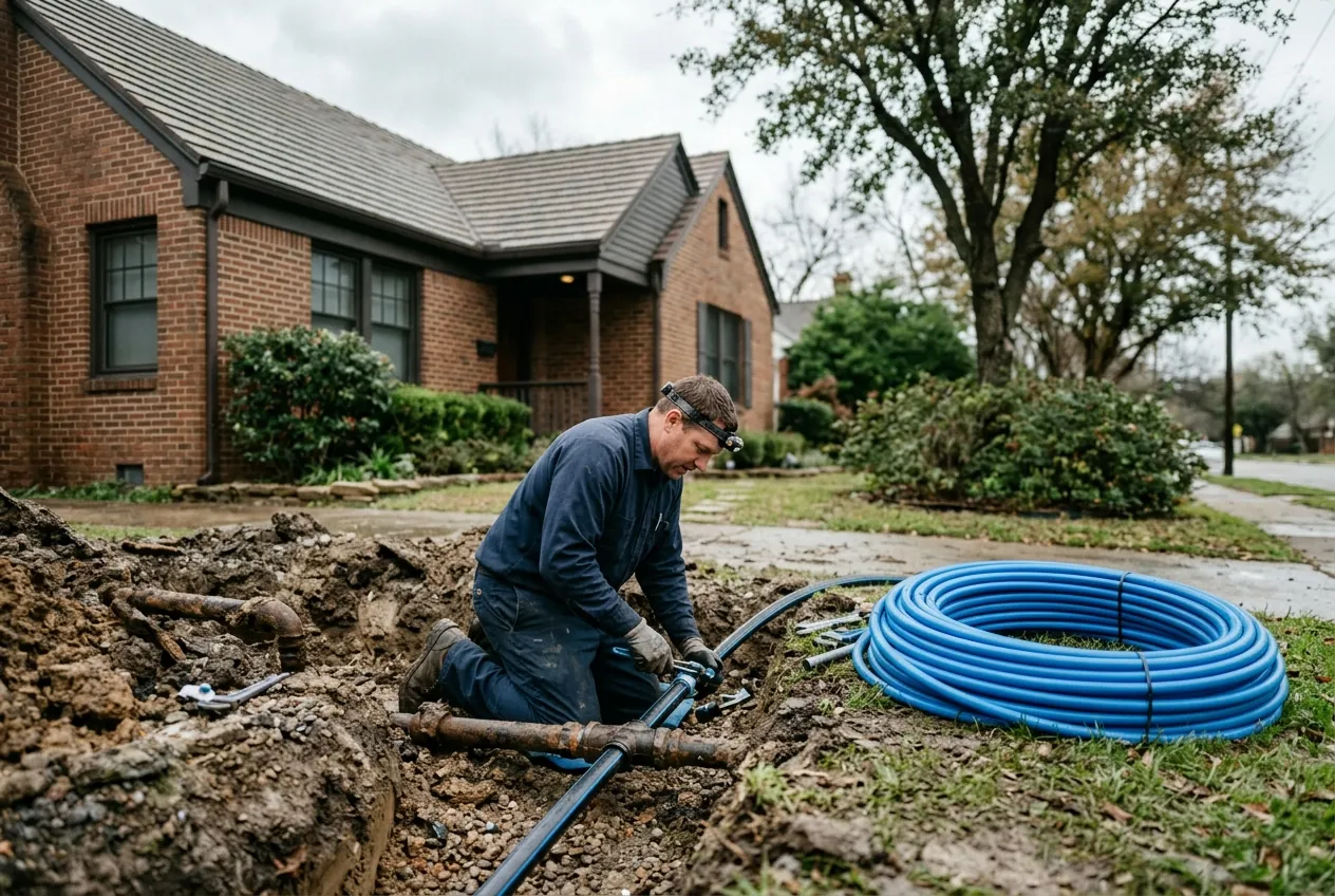 Heidler technician repairing a main water line in a front yard excavation in Annapolis