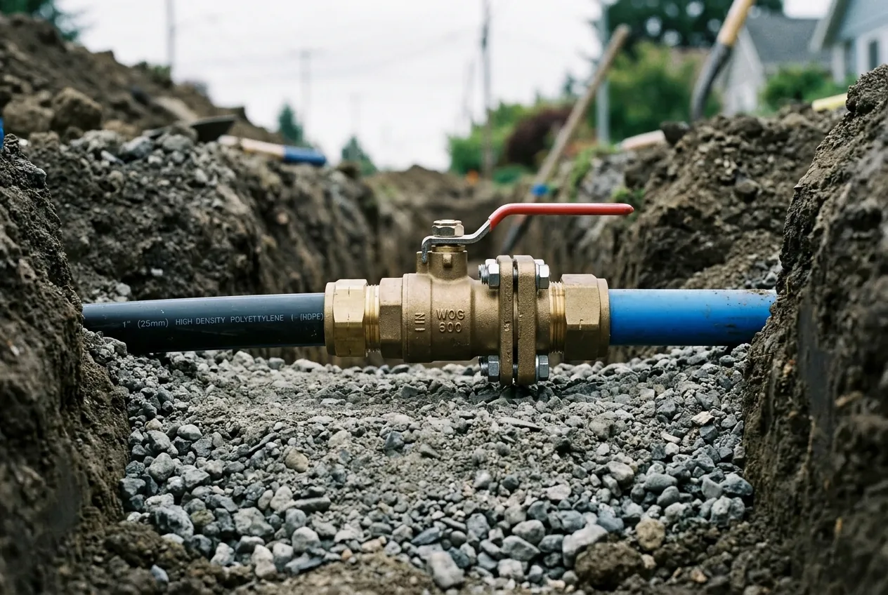 New main water line connection with brass fitting and shutoff valve in a trench