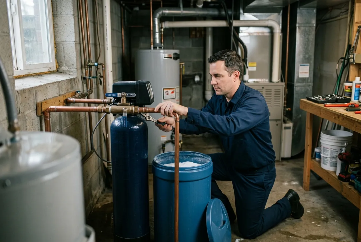 Heidler technician servicing a water softener and brine tank in an Annapolis basement