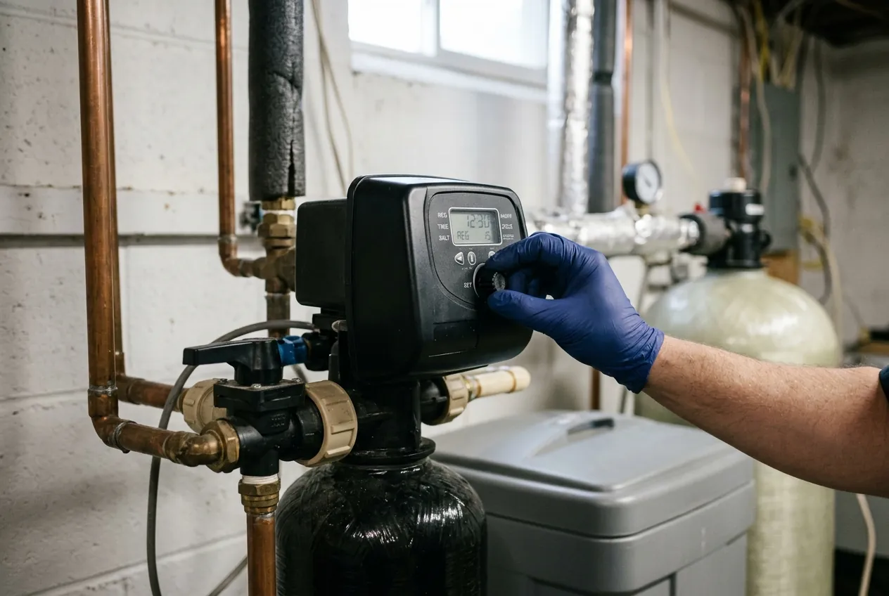Water treatment control head and bypass valve being adjusted during a service visit